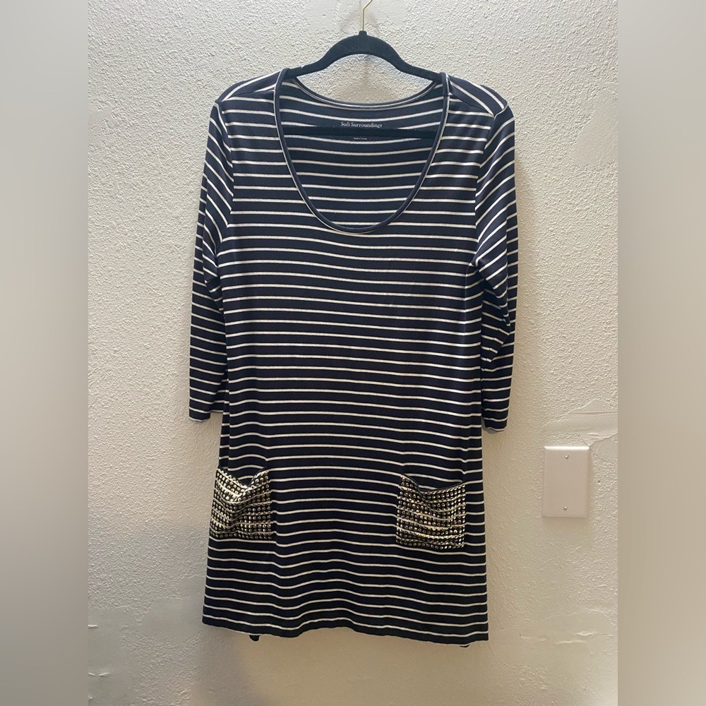Soft Surroundings Tunic Dress Womens S Navy Striped Excellentā Studded Pockets